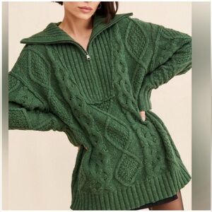 Free People Driftwood Cable Polo Cable Knit Oversized Sweater Dark Green Size XS